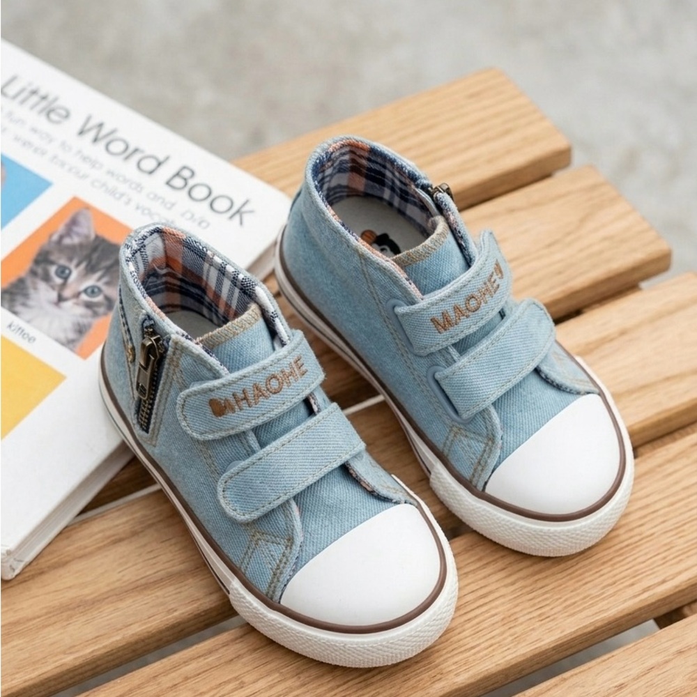 Kids Light Blue Denim Sneakers with Hook-and-Loop Straps